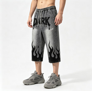 Applique Rhinestone Screen Print Washed Sprayed Dye Pants | Drip Flame Graphic Vintage Cropped pants | Custom Streetwear