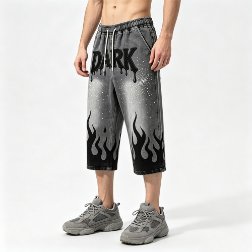 Applique Rhinestone Screen Print Washed Sprayed Dye Pants | Drip Flame Graphic Vintage Cropped pants | Custom Streetwear