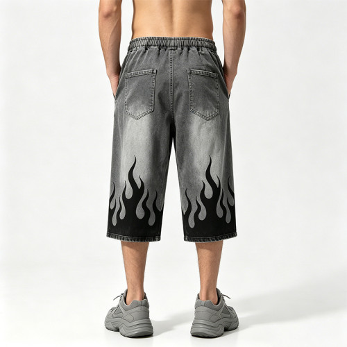 Applique Rhinestone Screen Print Washed Sprayed Dye Pants | Drip Flame Graphic Vintage Cropped pants | Custom Streetwear