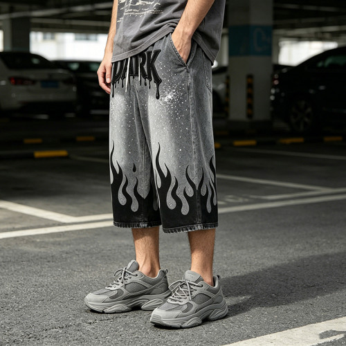 Applique Rhinestone Screen Print Washed Sprayed Dye Pants | Drip Flame Graphic Vintage Cropped pants | Custom Streetwear