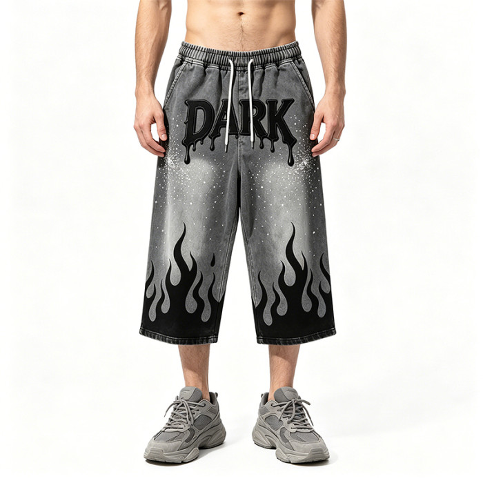 Applique Rhinestone Screen Print Washed Sprayed Dye Pants | Drip Flame Graphic Vintage Cropped pants | Custom Streetwear