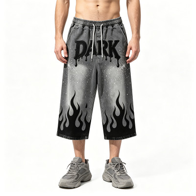 Applique Rhinestone Screen Print Washed Sprayed Dye Pants | Drip Flame Graphic Vintage Cropped pants | Custom Streetwear