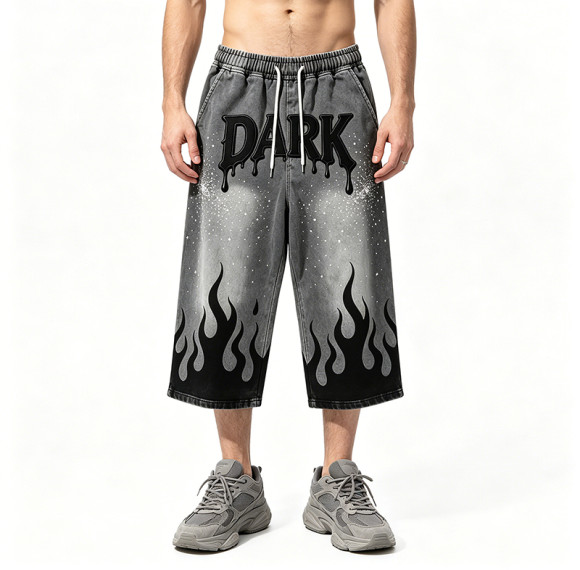 Applique Rhinestone Screen Print Washed Sprayed Dye Pants | Drip Flame Graphic Vintage Cropped pants | Custom Streetwear