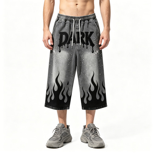 Applique Rhinestone Screen Print Washed Sprayed Dye Pants | Drip Flame Graphic Vintage Cropped pants | Custom Streetwear