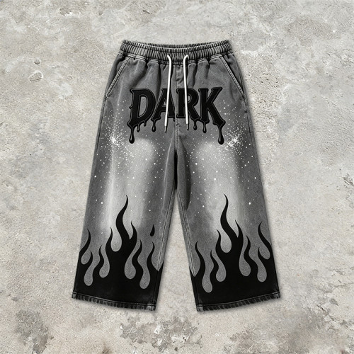 Applique Rhinestone Screen Print Washed Sprayed Dye Pants | Drip Flame Graphic Vintage Cropped pants | Custom Streetwear