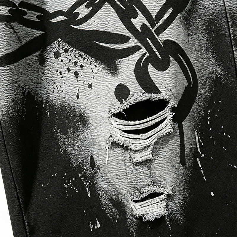 Gothic Embroidery Chain Screen Print Acid Wash Pants