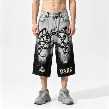 Gothic Embroidery Chain Screen Print Acid Wash Pants | Spray Dye Distressed Ripped Vintage Cropped Jeans | Clothing Manufacturer