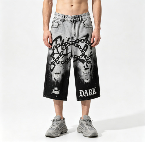 Gothic Embroidery Chain Screen Print Acid Wash Pants | Spray Dye Distressed Ripped Vintage Cropped Jeans | Clothing Manufacturer
