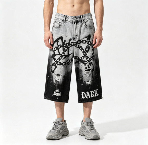 Gothic Embroidery Chain Screen Print Acid Wash Pants | Spray Dye Distressed Ripped Vintage Cropped Jeans | Clothing Manufacturer