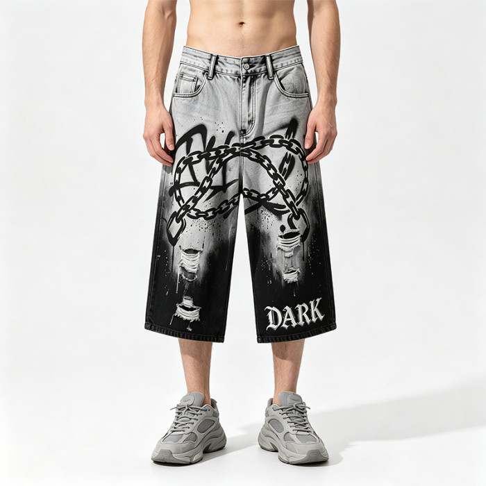Gothic Embroidery Chain Screen Print Acid Wash Pants | Spray Dye Distressed Ripped Vintage Cropped Jeans | Clothing Manufacturer