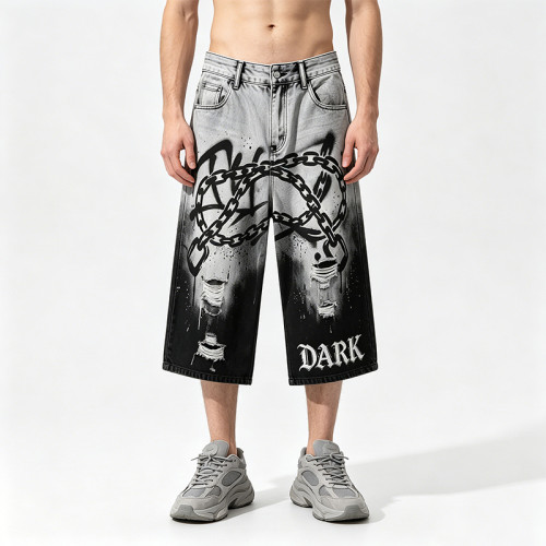 Gothic Embroidery Chain Screen Print Acid Wash Pants | Spray Dye Distressed Ripped Vintage Cropped Jeans | Clothing Manufacturer