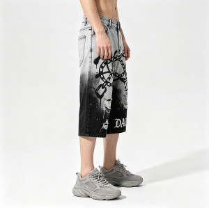 Gothic Embroidery Chain Screen Print Acid Wash Pants | Spray Dye Distressed Ripped Vintage Cropped Jeans | Clothing Manufacturer