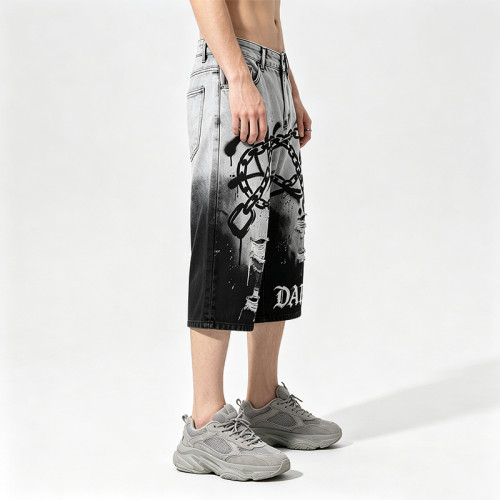 Gothic Embroidery Chain Screen Print Acid Wash Pants | Spray Dye Distressed Ripped Vintage Cropped Jeans | Clothing Manufacturer