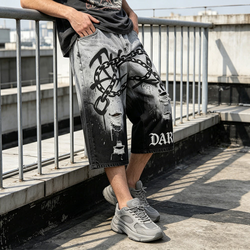 Gothic Embroidery Chain Screen Print Acid Wash Pants | Spray Dye Distressed Ripped Vintage Cropped Jeans | Clothing Manufacturer
