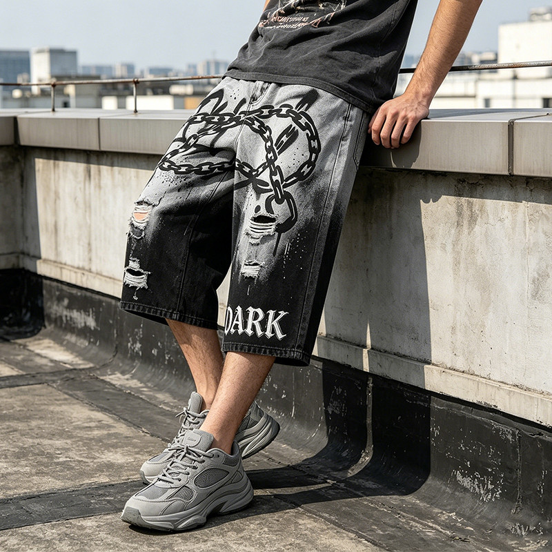 Gothic Embroidery Chain Screen Print Acid Wash Pants