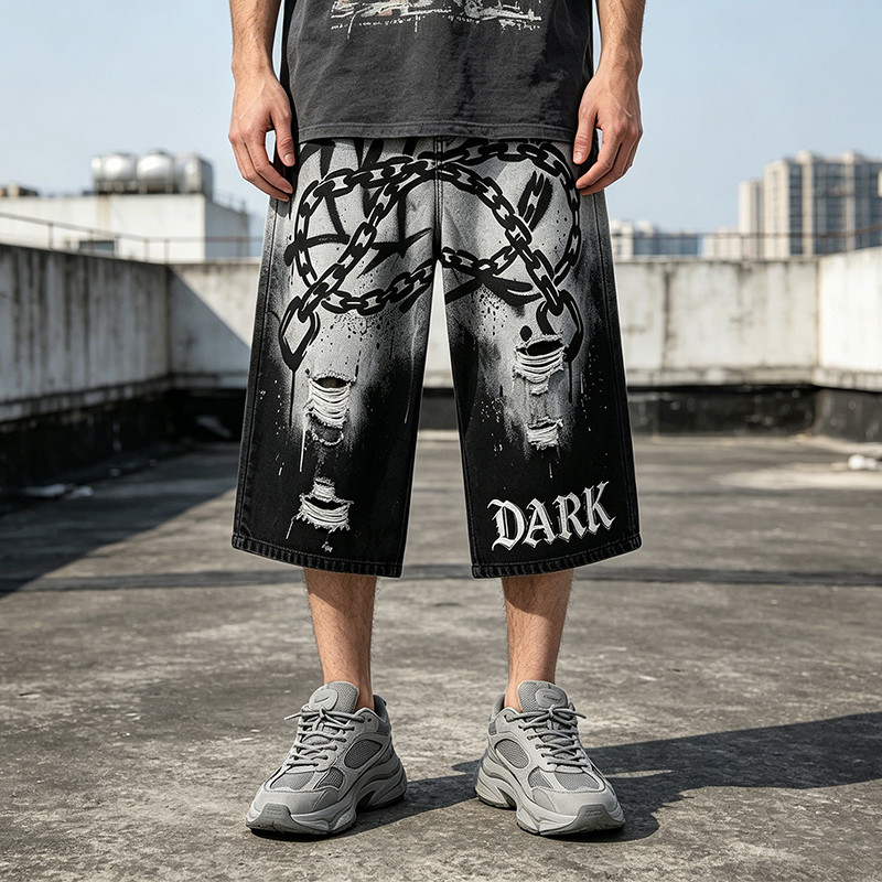 Gothic Embroidery Chain Screen Print Acid Wash Pants
