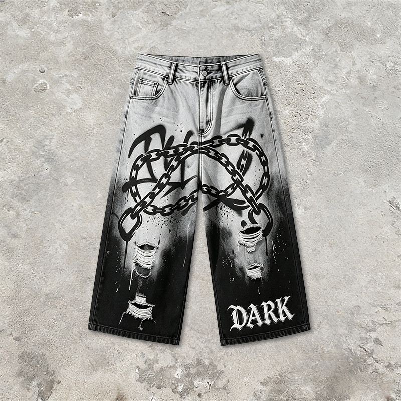 Gothic Embroidery Chain Screen Print Acid Wash Pants
