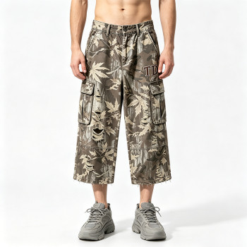 Distressed Ripped Washed Spray Dye DTG Print Applique Pants | Vintage Maple Camo Cargo Capri Pants | OEM Streetwear