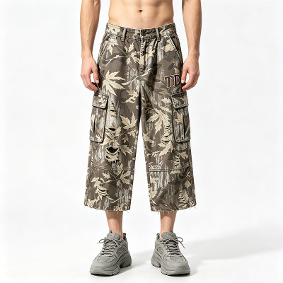 Distressed Ripped Washed Spray Dye DTG Print Applique Pants | Vintage Maple Camo Cargo Capri Pants | OEM Streetwear