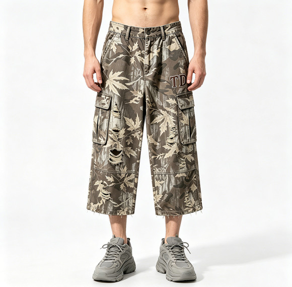 Distressed Ripped Washed Spray Dye DTG Print Applique Pants | Vintage Maple Camo Cargo Capri Pants | OEM Streetwear
