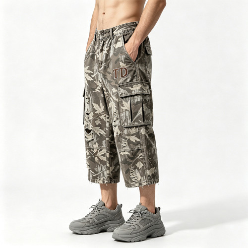 Distressed Ripped Washed Spray Dye DTG Print Applique Pants | Vintage Maple Camo Cargo Capri Pants | OEM Streetwear