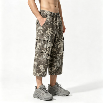 Distressed Ripped Washed Spray Dye DTG Print Applique Pants | Vintage Maple Camo Cargo Capri Pants | OEM Streetwear