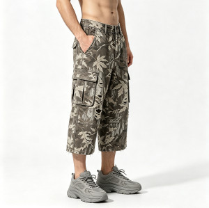Distressed Ripped Washed Spray Dye DTG Print Applique Pants | Vintage Maple Camo Cargo Capri Pants | OEM Streetwear