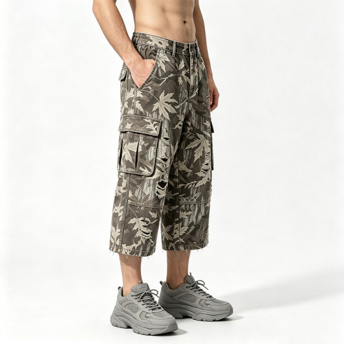Distressed Ripped Washed Spray Dye DTG Print Applique Pants | Vintage Maple Camo Cargo Capri Pants | OEM Streetwear