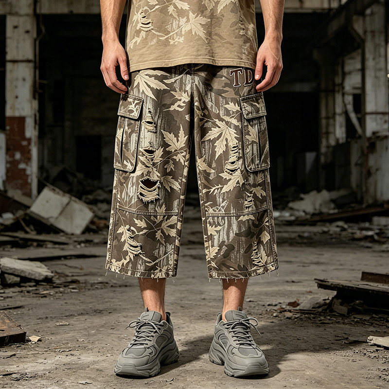 Distressed Ripped Washed Spray Dye DTG Print Applique Pants