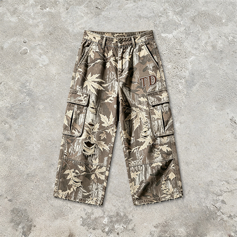 Distressed Ripped Washed Spray Dye DTG Print Applique Pants