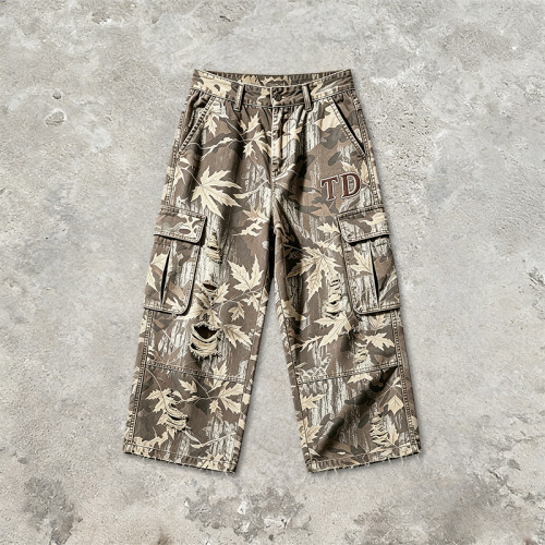 Distressed Ripped Washed Spray Dye DTG Print Applique Pants | Vintage Maple Camo Cargo Capri Pants | OEM Streetwear