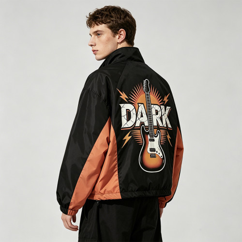 Patchwork Color Block DTG Print Guitar Graphic Jacket | Vintage Sonic Music Streetwear Windbreaker | Clothing Manufacturer