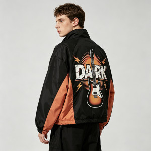 Patchwork Color Block DTG Print Guitar Graphic Jacket | Vintage Sonic Music Streetwear Windbreaker | Clothing Manufacturer