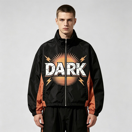 Patchwork Color Block DTG Print Guitar Graphic Jacket | Vintage Sonic Music Streetwear Windbreaker | Clothing Manufacturer