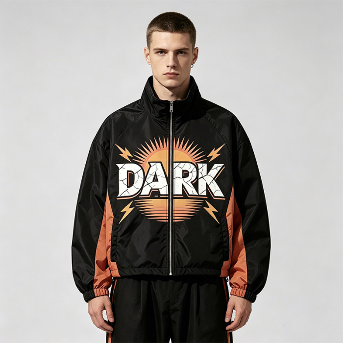 Patchwork Color Block DTG Print Guitar Graphic Jacket | Vintage Sonic Music Streetwear Windbreaker | Clothing Manufacturer