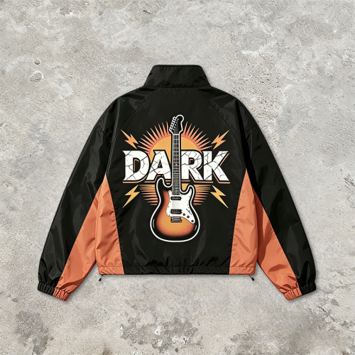 Patchwork Color Block DTG Print Guitar Graphic Jacket | Vintage Sonic Music Streetwear Windbreaker | Clothing Manufacturer