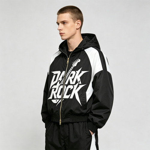 Patchwork Screen Print Hooded Jacket | Dark Rock Guitar Graphic Sonic-Wear | Clothing Manufacturer