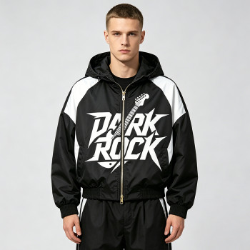 Patchwork Screen Print Hooded Jacket | Dark Rock Guitar Graphic Sonic-Wear | Clothing Manufacturer