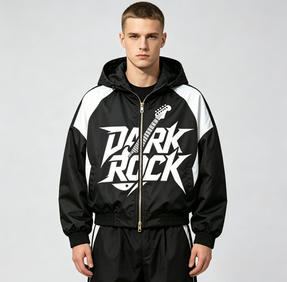 Patchwork Screen Print Hooded Jacket | Dark Rock Guitar Graphic Sonic-Wear | Clothing Manufacturer