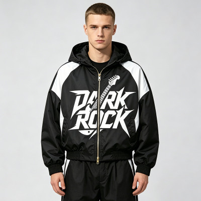Patchwork Screen Print Hooded Jacket | Dark Rock Guitar Graphic Sonic-Wear | Clothing Manufacturer