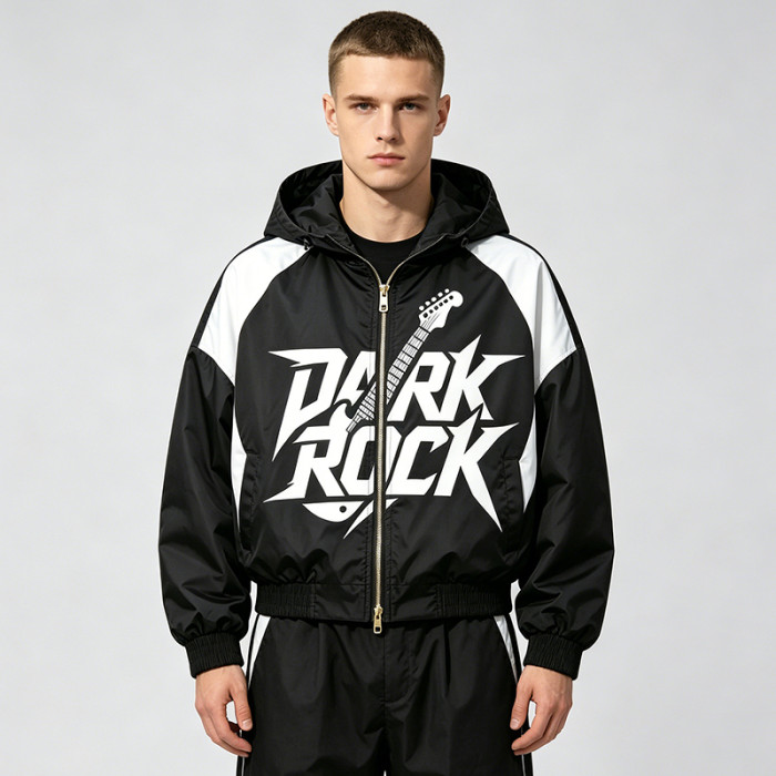Patchwork Screen Print Hooded Jacket | Dark Rock Guitar Graphic Sonic-Wear | Clothing Manufacturer