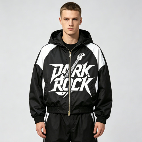 Patchwork Screen Print Hooded Jacket | Dark Rock Guitar Graphic Sonic-Wear | Clothing Manufacturer