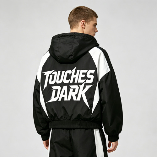 Patchwork Screen Print Hooded Jacket | Dark Rock Guitar Graphic Sonic-Wear | Clothing Manufacturer