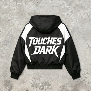 Patchwork Screen Print Hooded Jacket | Dark Rock Guitar Graphic Sonic-Wear | Clothing Manufacturer