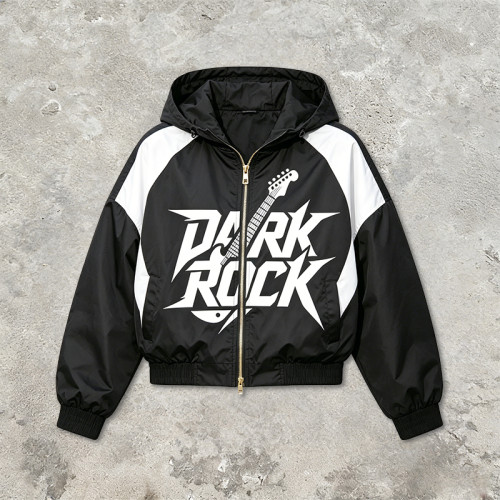 Patchwork Screen Print Hooded Jacket | Dark Rock Guitar Graphic Sonic-Wear | Clothing Manufacturer