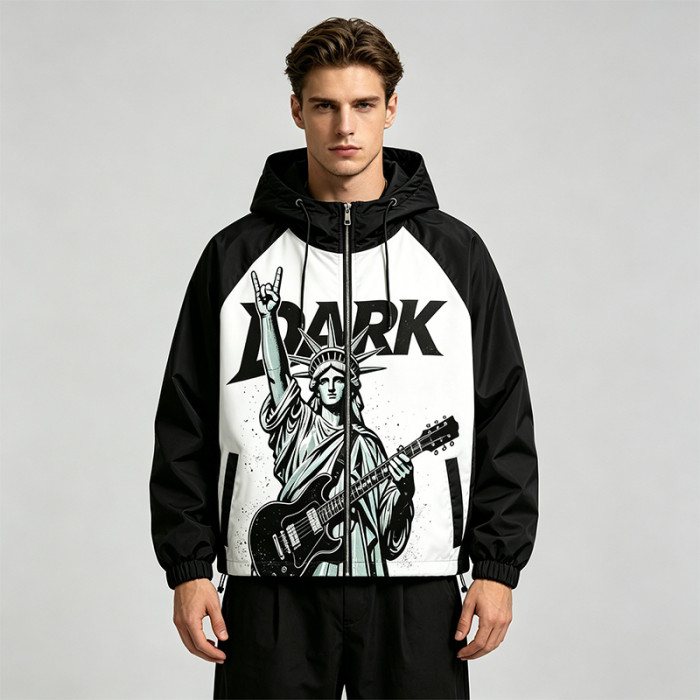 Patchwork Color Block DTG Print Hooded Jacket | Liberty Guitar Punk Sonic-Wear Streetwear | OEM Streetwear