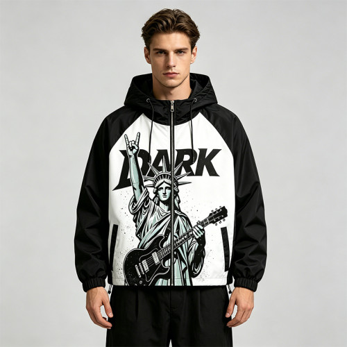 Patchwork Color Block DTG Print Hooded Jacket | Liberty Guitar Punk Sonic-Wear Streetwear | OEM Streetwear