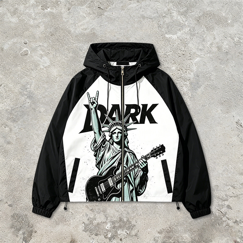 Patchwork Color Block DTG Print Hooded Jacket