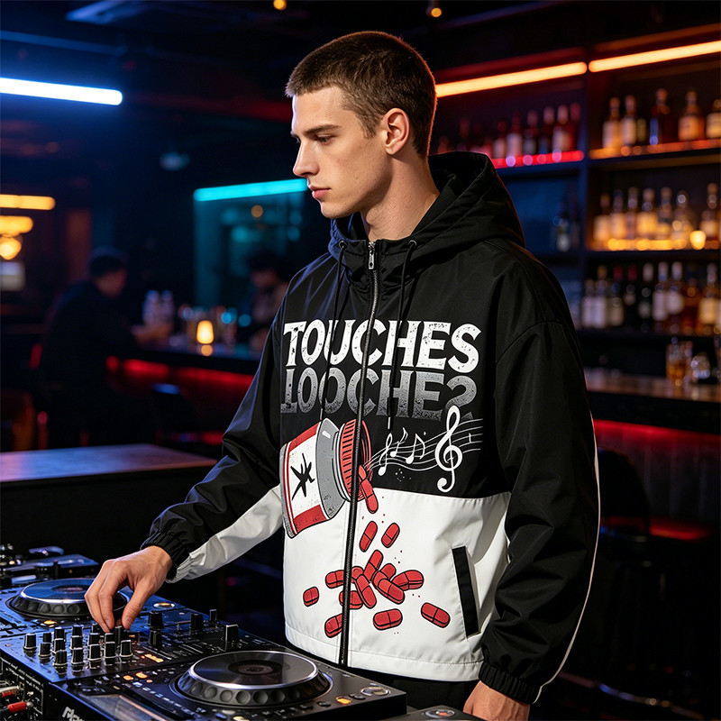 Graphic Music Note Pill DTG Print Patchwork Hooded Jacket