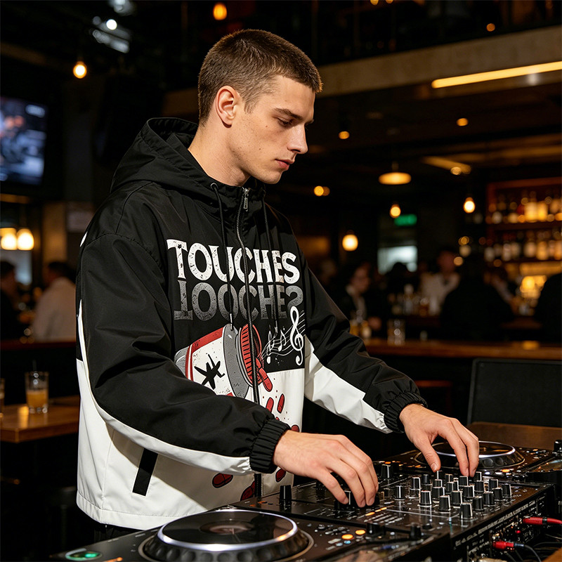 Graphic Music Note Pill DTG Print Patchwork Hooded Jacket